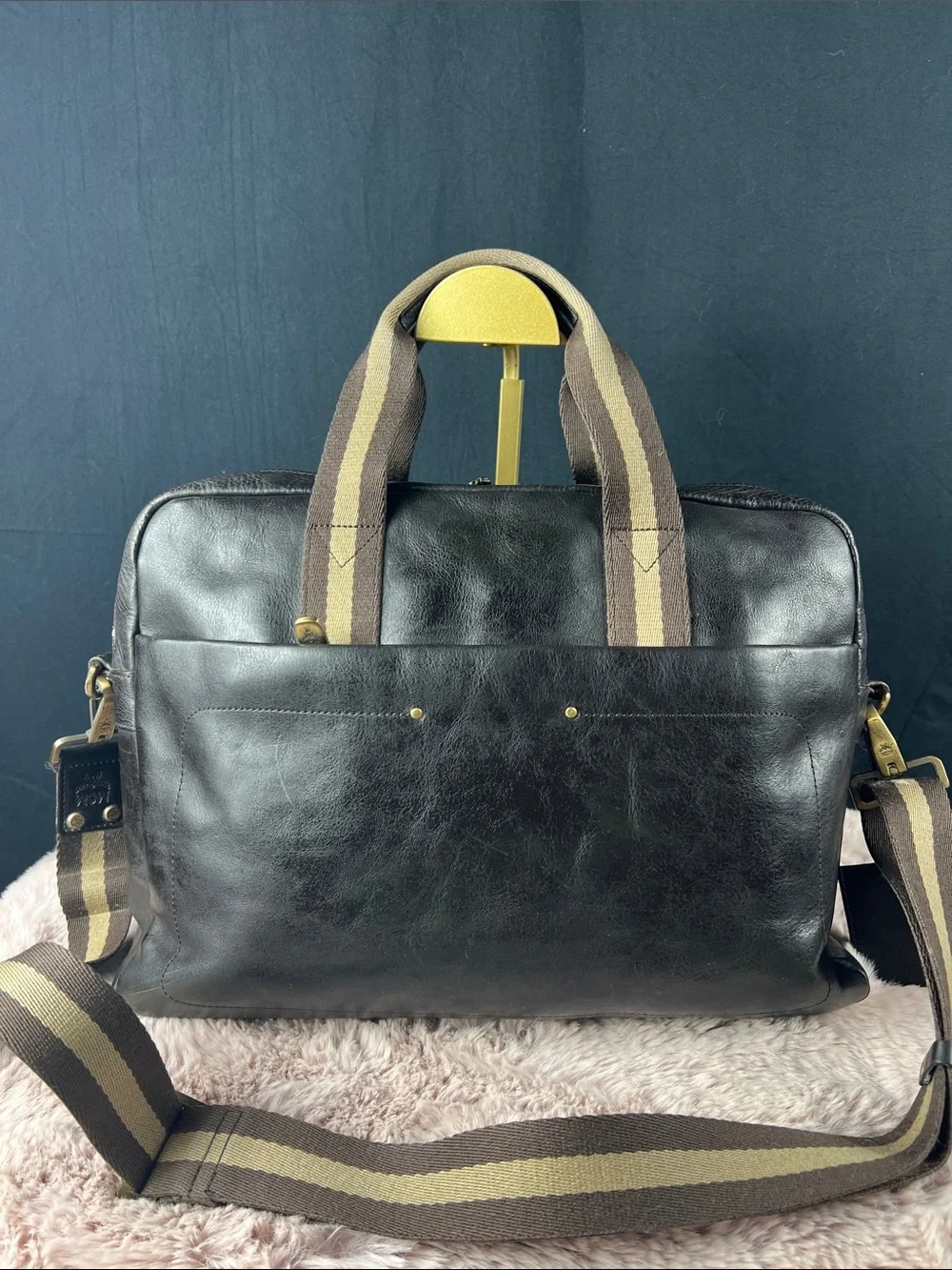 MCM München Vintage Black Leather Briefcase Laptop Messenger Shoulder Bag EUC